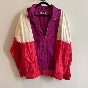 Vintage Fashion Workshop Retro Pink and White Winderbreaker Jacket - Medium